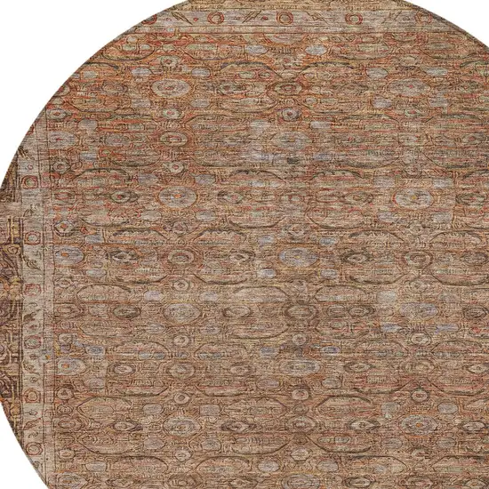 8' Copper And Peach Round Floral Washable Indoor Outdoor Area Rug Photo 9