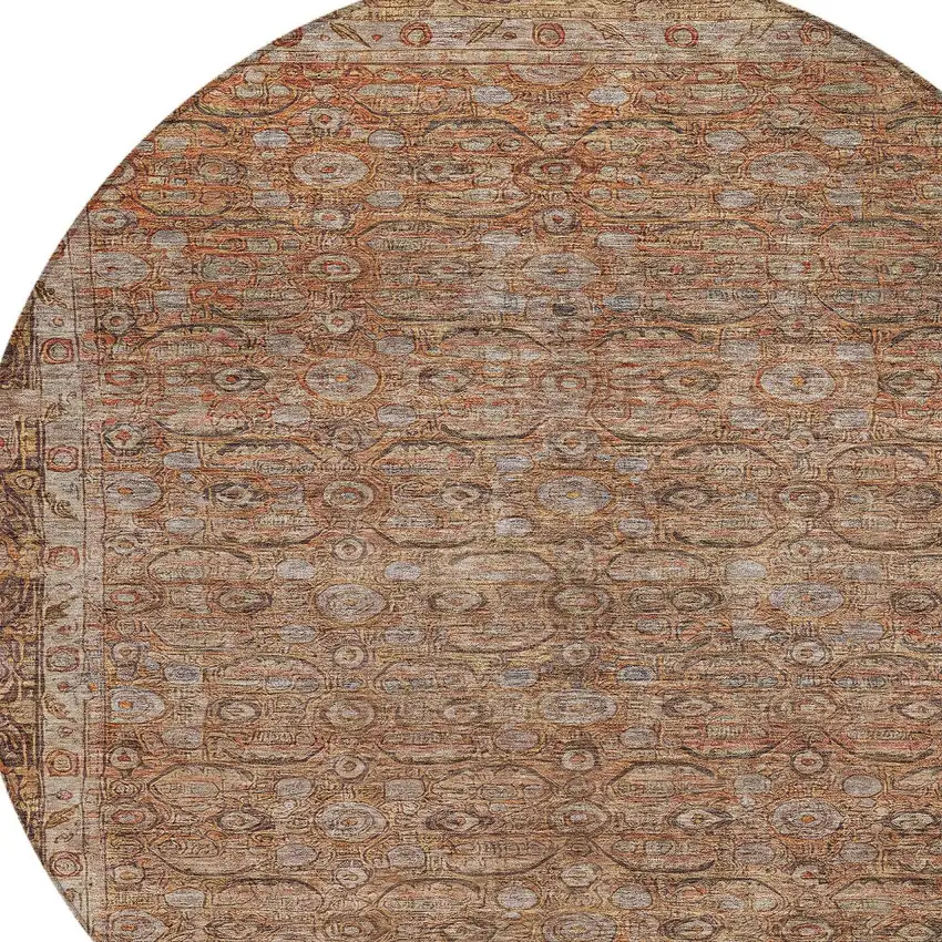 8' Copper And Peach Round Floral Washable Indoor Outdoor Area Rug Photo 9