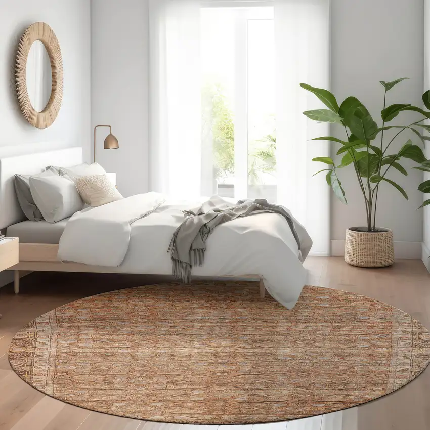 8' Copper And Peach Round Floral Washable Indoor Outdoor Area Rug Photo 7