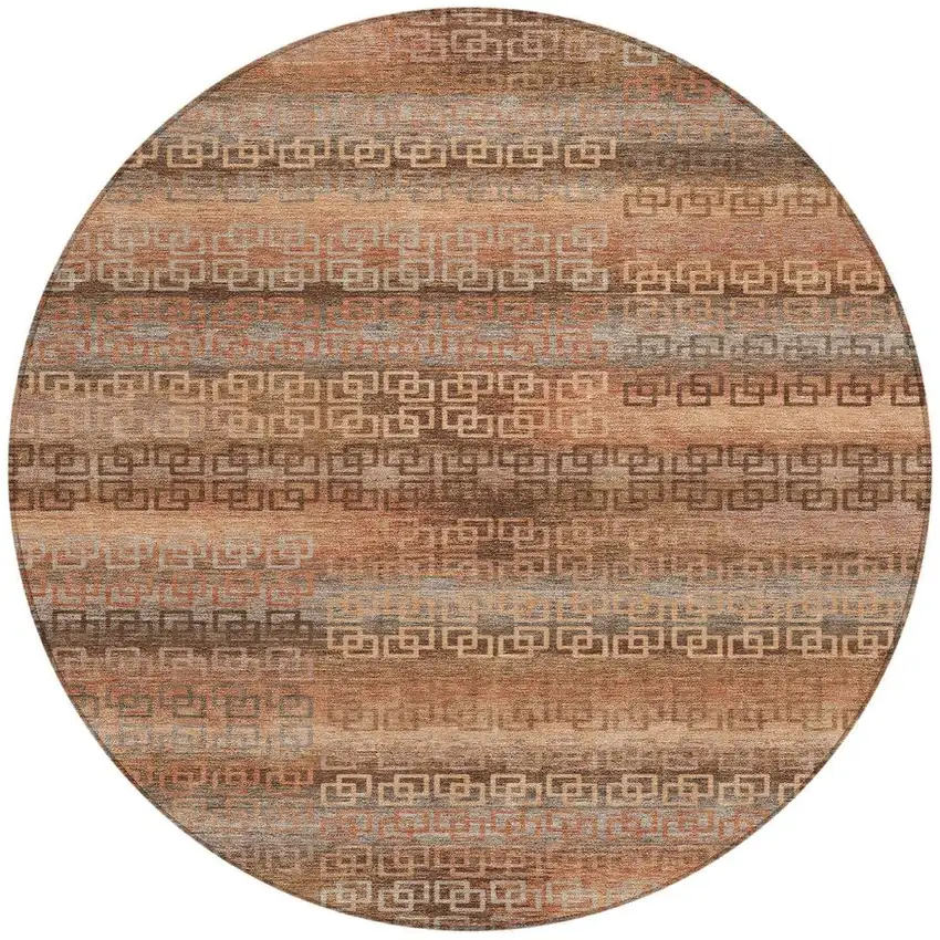 8' Copper And Peach Round Striped Washable Indoor Outdoor Area Rug Photo 4