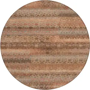 Photo of 8' Copper And Peach Round Striped Washable Indoor Outdoor Area Rug