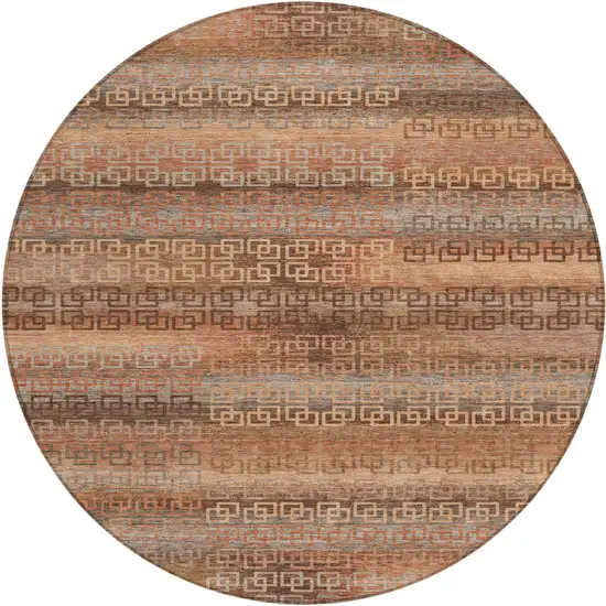 8' Copper And Peach Round Striped Washable Indoor Outdoor Area Rug Photo 1