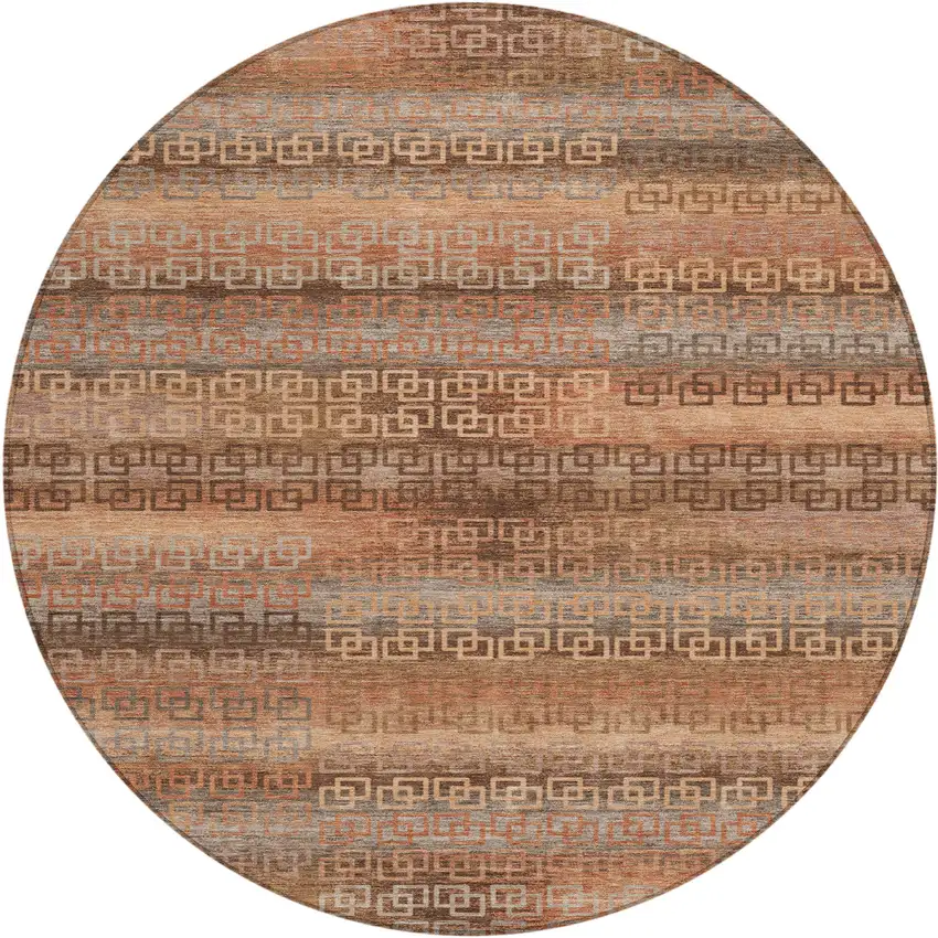 8' Copper And Peach Round Striped Washable Indoor Outdoor Area Rug Photo 1