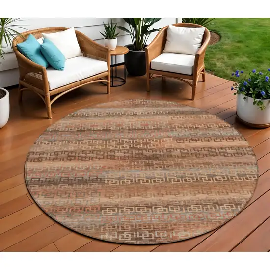 8' Copper And Peach Round Striped Washable Indoor Outdoor Area Rug Photo 2