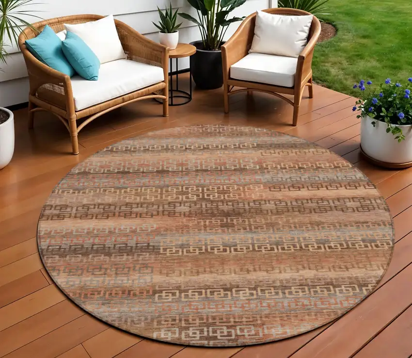 8' Copper And Peach Round Striped Washable Indoor Outdoor Area Rug Photo 2