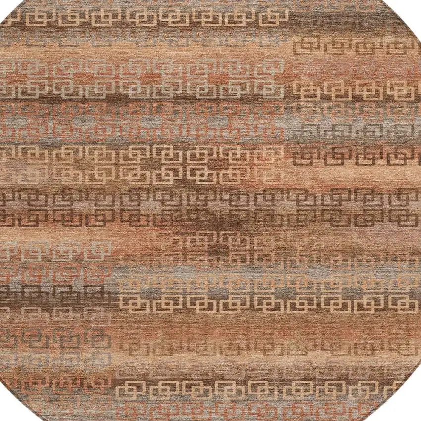 8' Copper And Peach Round Striped Washable Indoor Outdoor Area Rug Photo 3