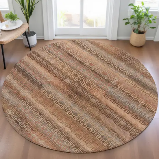 8' Copper And Peach Round Striped Washable Indoor Outdoor Area Rug Photo 7