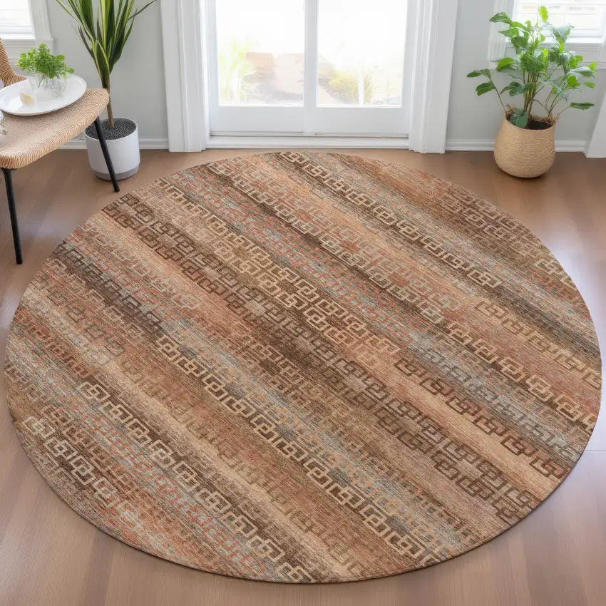 8' Copper And Peach Round Striped Washable Indoor Outdoor Area Rug Photo 7
