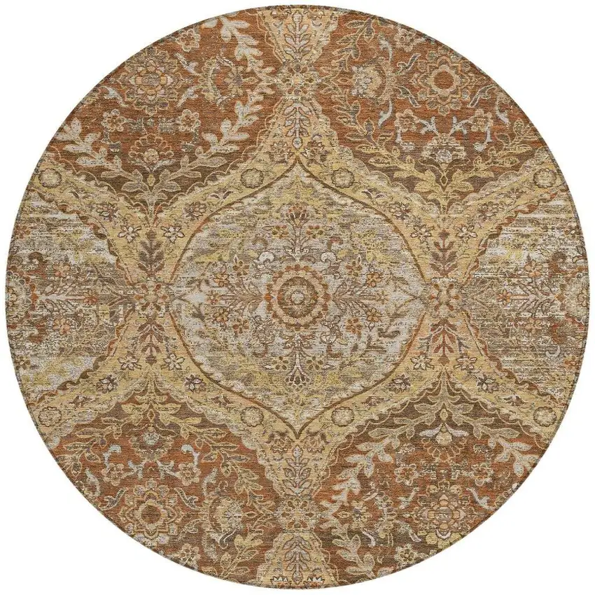 8' Copper And Pink Round Ogee Washable Indoor Outdoor Area Rug Photo 4