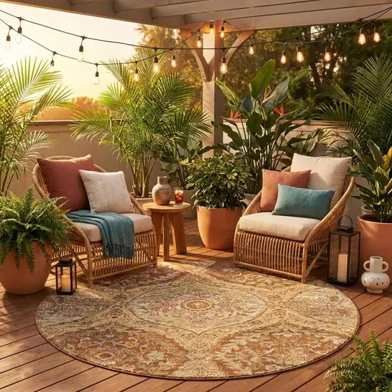 8' Copper And Pink Round Ogee Washable Indoor Outdoor Area Rug Photo 1