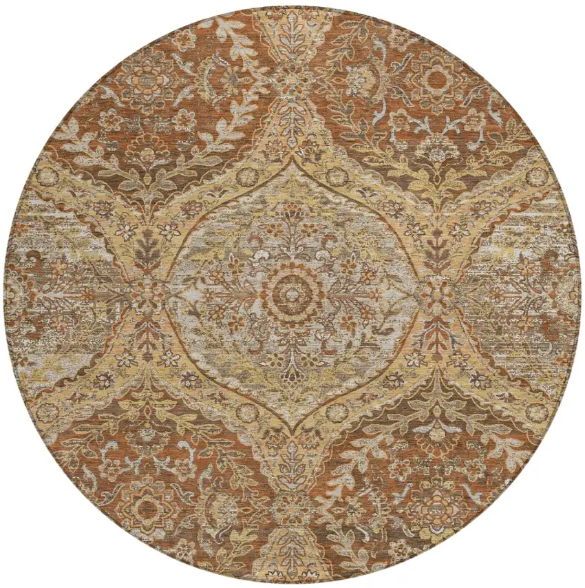 8' Copper And Pink Round Ogee Washable Indoor Outdoor Area Rug Photo 2