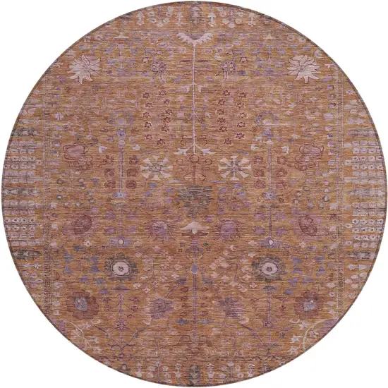 8' Copper And Purple Round Floral Washable Indoor Outdoor Area Rug Photo 2