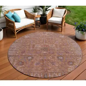Photo of 8' Copper And Purple Round Floral Washable Indoor Outdoor Area Rug