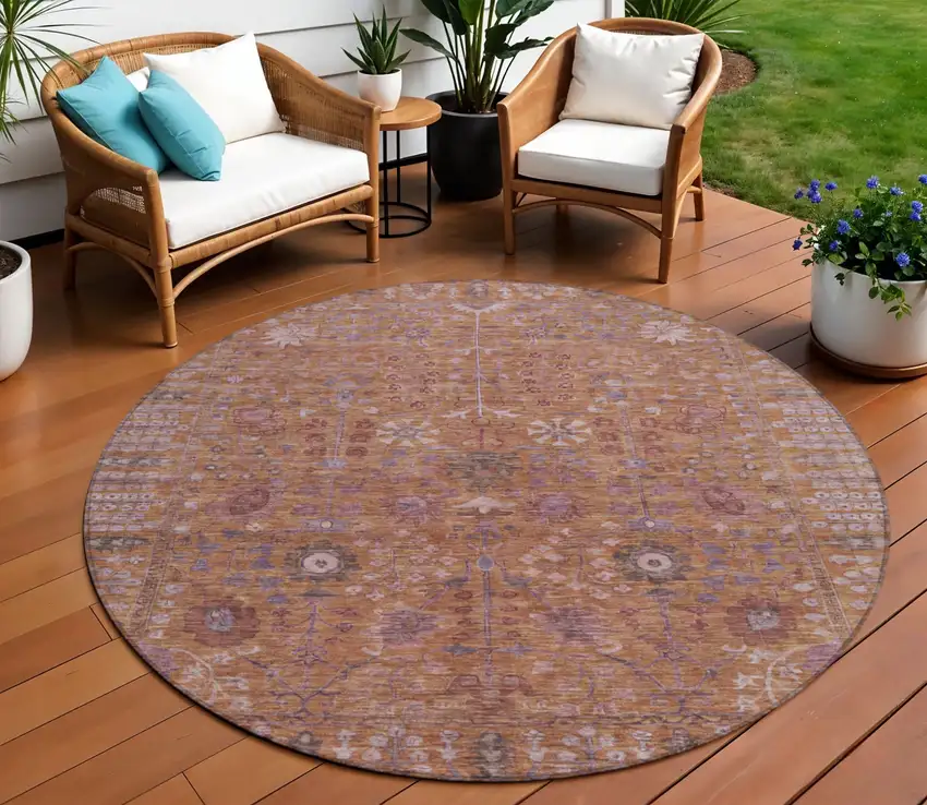 8' Copper And Purple Round Floral Washable Indoor Outdoor Area Rug Photo 1