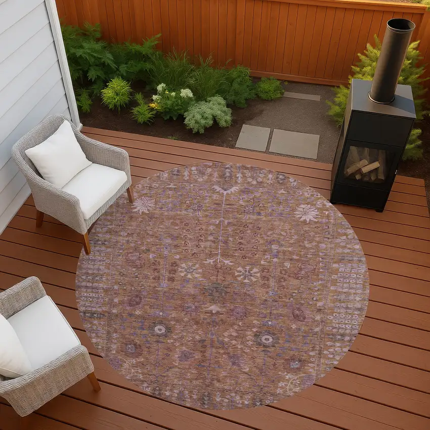 8' Copper And Purple Round Floral Washable Indoor Outdoor Area Rug Photo 9