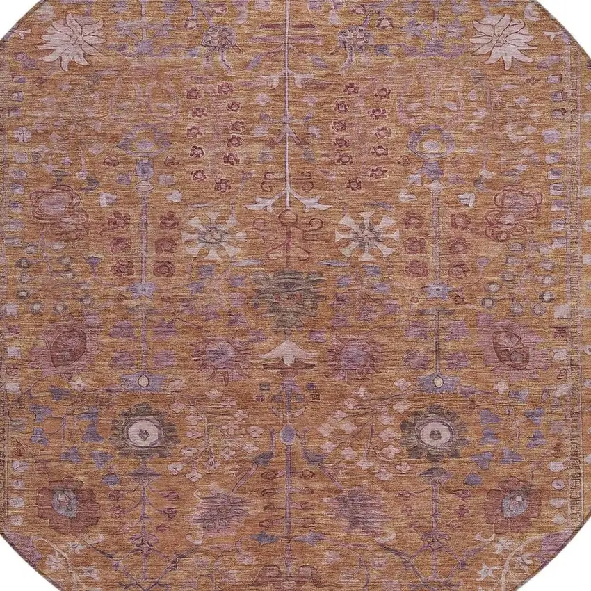 8' Copper And Purple Round Floral Washable Indoor Outdoor Area Rug Photo 6