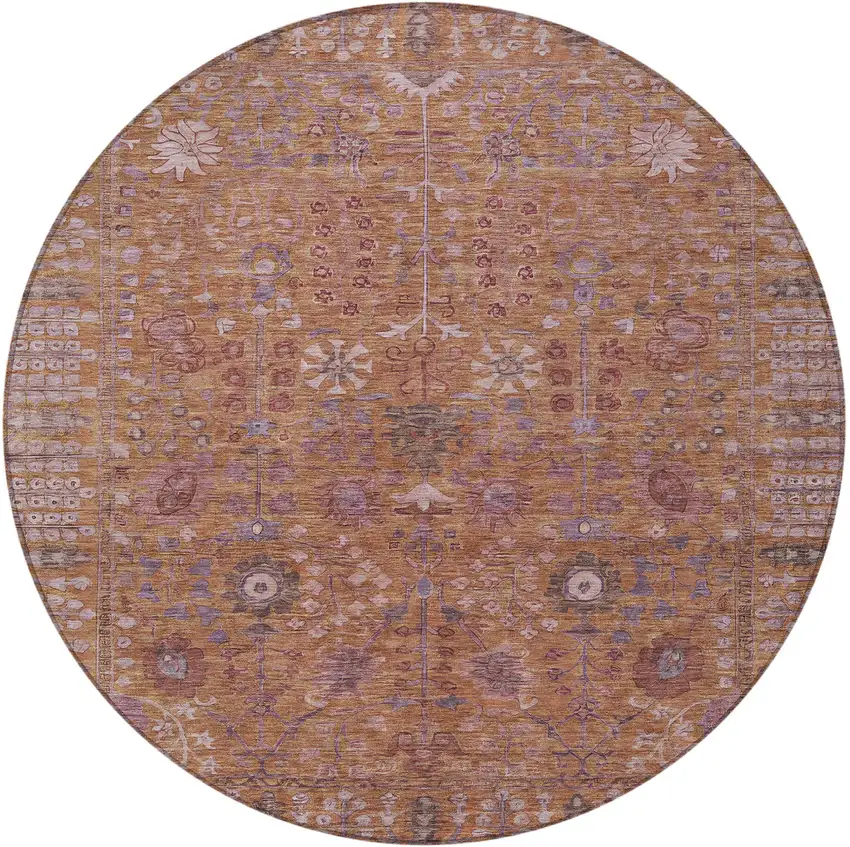 8' Copper And Purple Round Floral Washable Indoor Outdoor Area Rug Photo 4