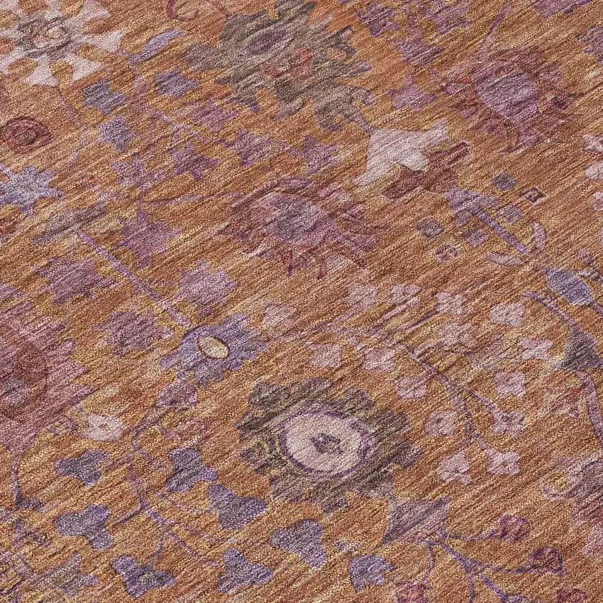 8' Copper And Purple Round Floral Washable Indoor Outdoor Area Rug Photo 7