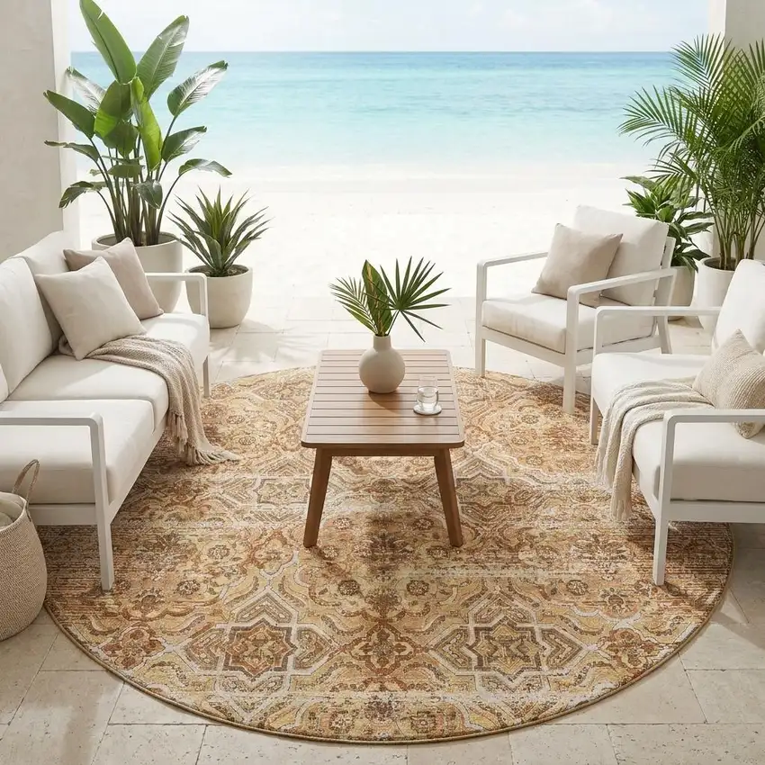 8' Copper And Purple Round Floral Washable Indoor Outdoor Area Rug Photo 1