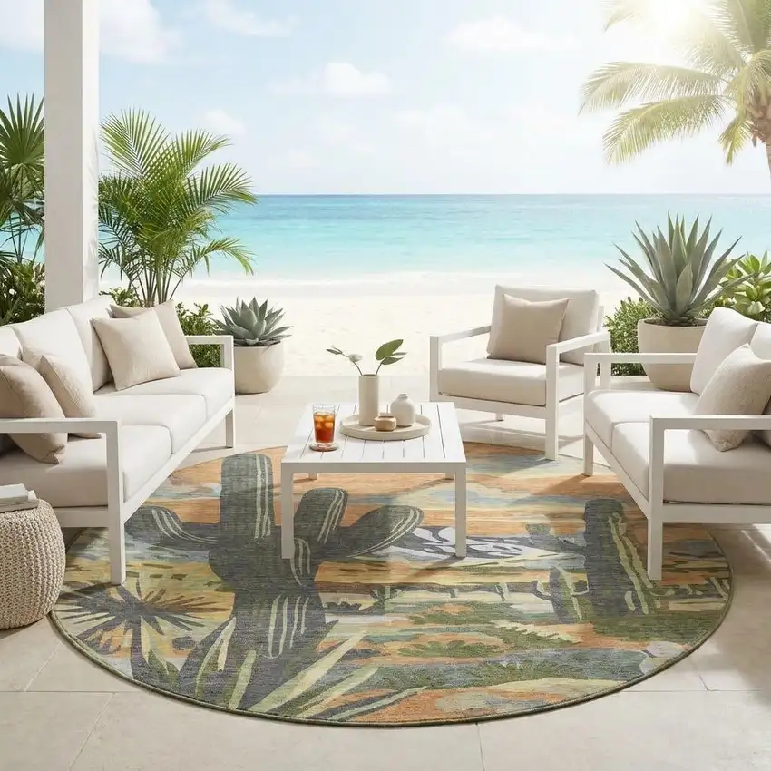 8' Copper And Purple Round Trees Washable Indoor Outdoor Area Rug Photo 1