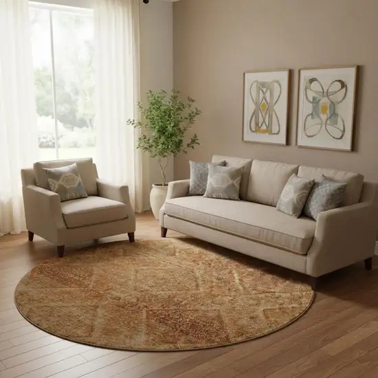 8' Copper And Rust Geometric Washable Round Rug With UV Protection Photo 2