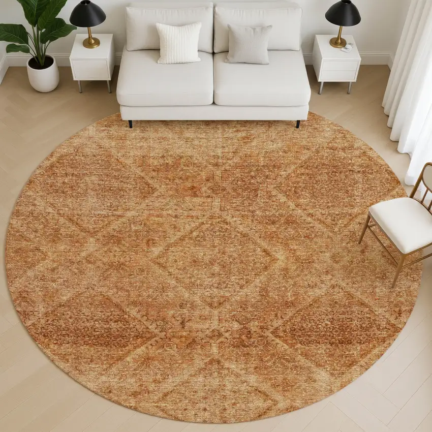 8' Copper And Rust Geometric Washable Round Rug With UV Protection Photo 5