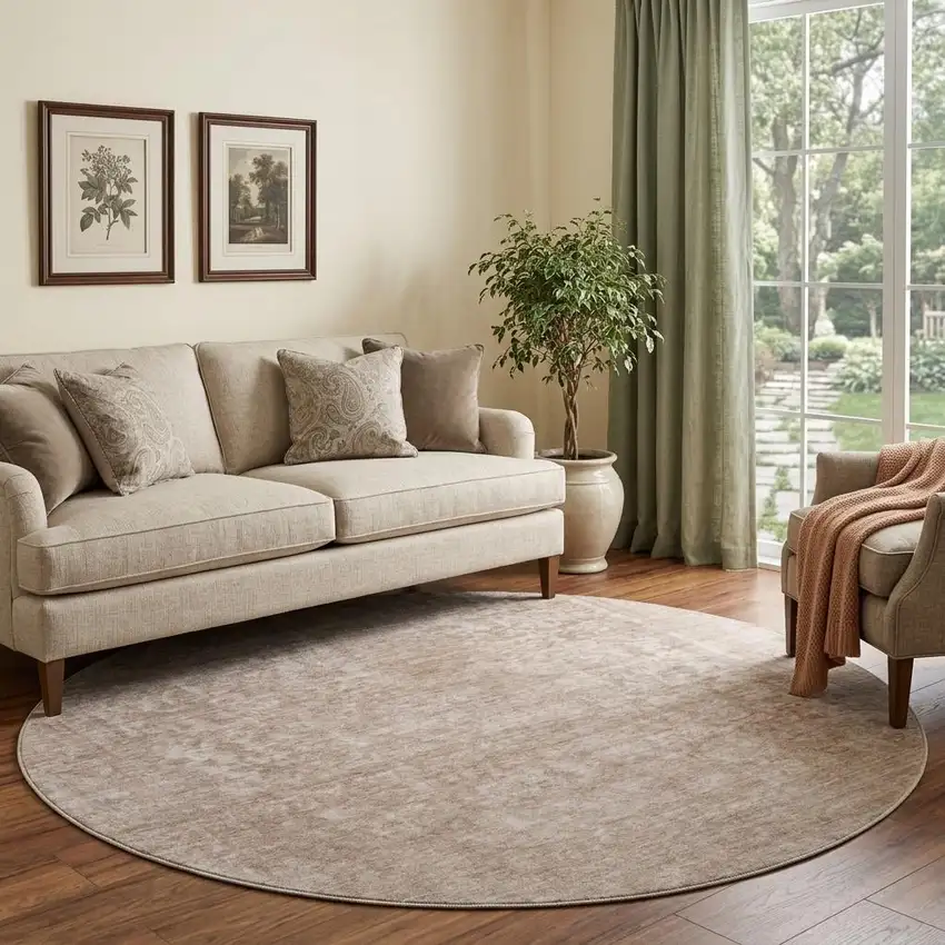 8' Copper And Rust Oriental Washable Round Rug With UV Protection Photo 1