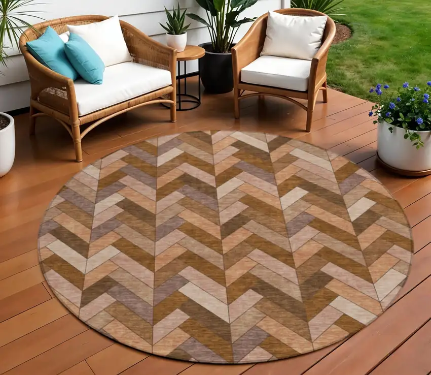 8' Copper And Rust Round Geometric Washable Indoor Outdoor Area Rug Photo 1