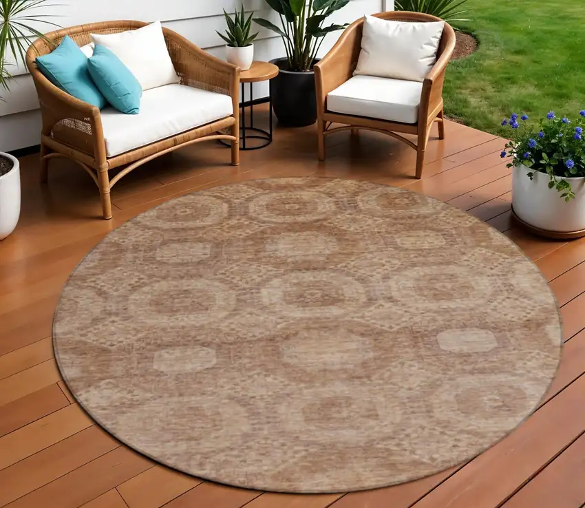 8' Copper And Rust Round Medallion Washable Indoor Outdoor Area Rug Photo 2