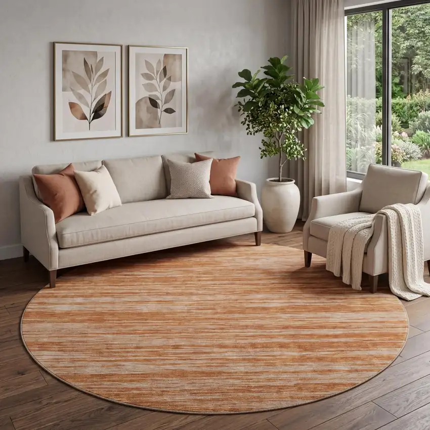 8' Copper And Rust Striped Washable Round Rug With UV Protection Photo 1