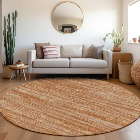 8' Copper And Rust Striped Washable Round Rug With UV Protection Photo 4