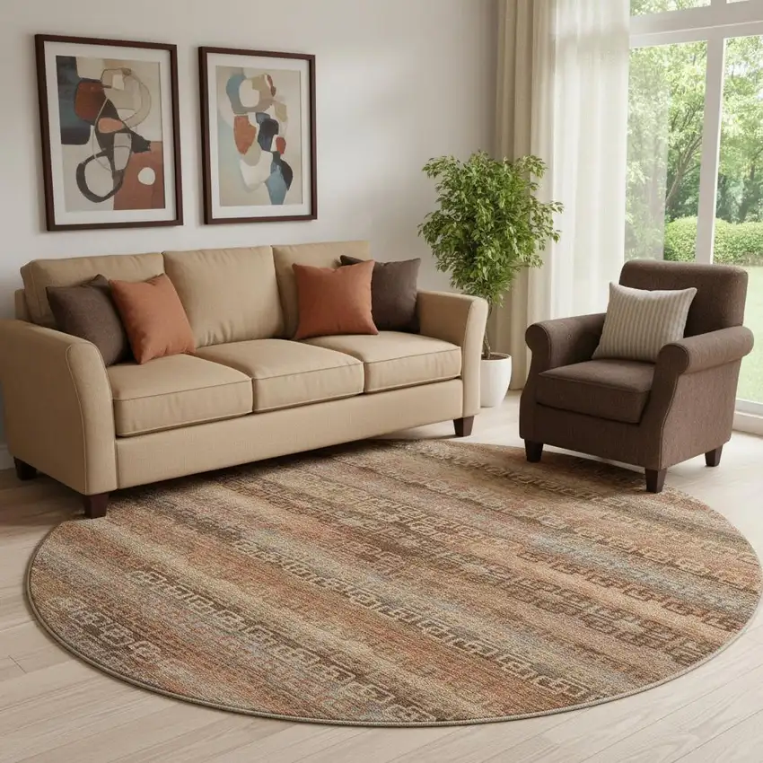 8' Copper And Rust Striped Washable Round Rug With UV Protection Photo 2