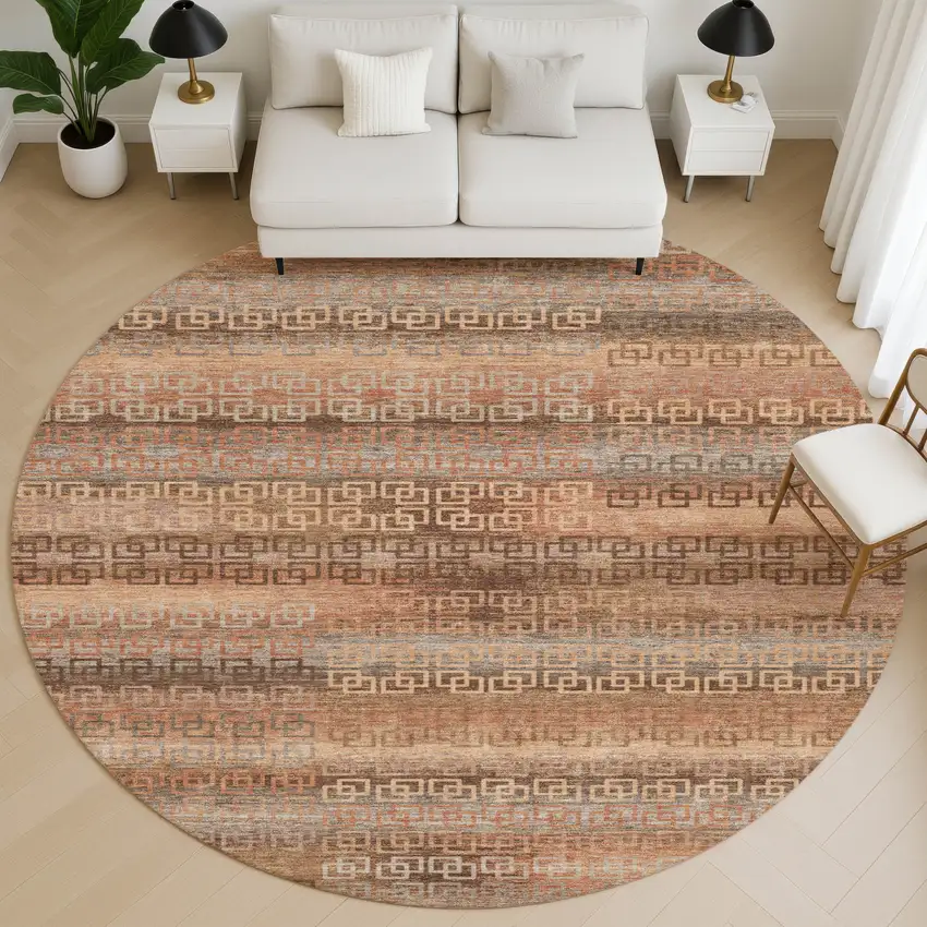 8' Copper And Rust Striped Washable Round Rug With UV Protection Photo 5