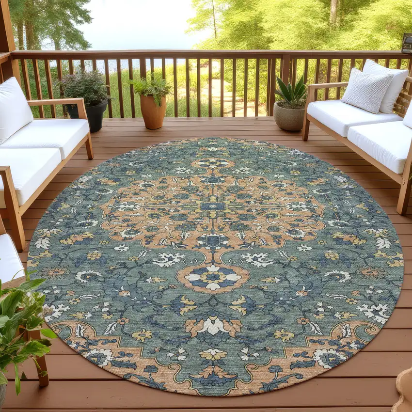 8' Copper And Sage Round Floral Medallion Washable Indoor Outdoor Area Rug Photo 4