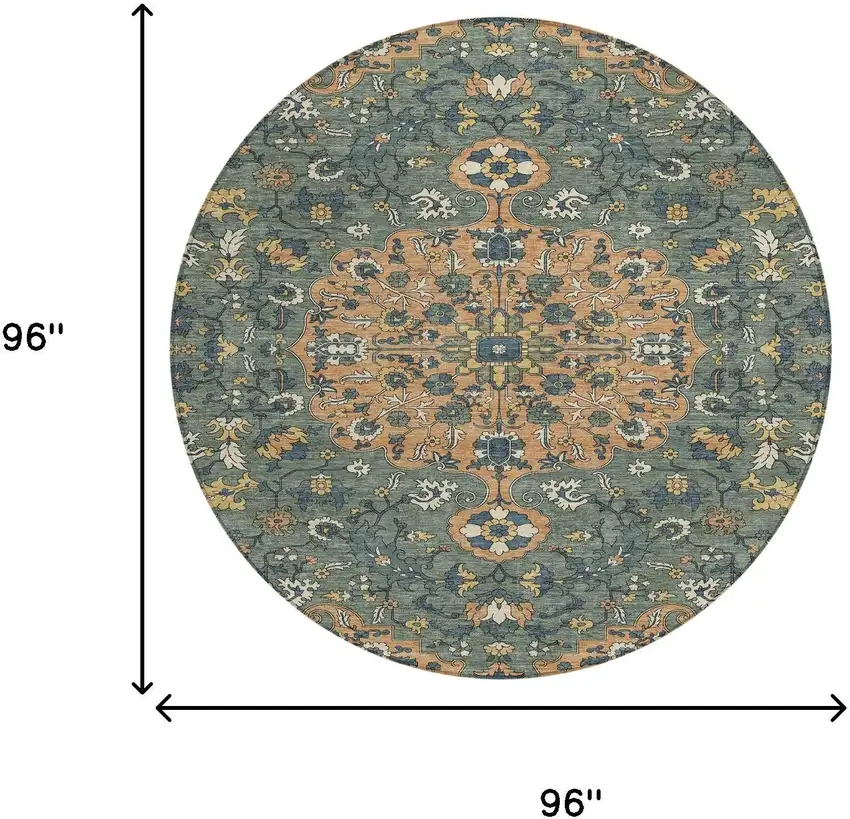 8' Copper And Sage Round Floral Medallion Washable Indoor Outdoor Area Rug Photo 8