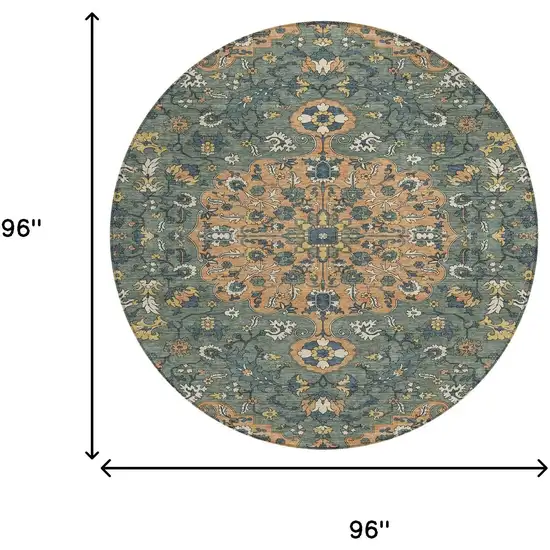 8' Copper And Sage Round Floral Medallion Washable Indoor Outdoor Area Rug Photo 8