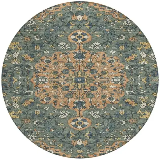 8' Copper And Sage Round Floral Medallion Washable Indoor Outdoor Area Rug Photo 2