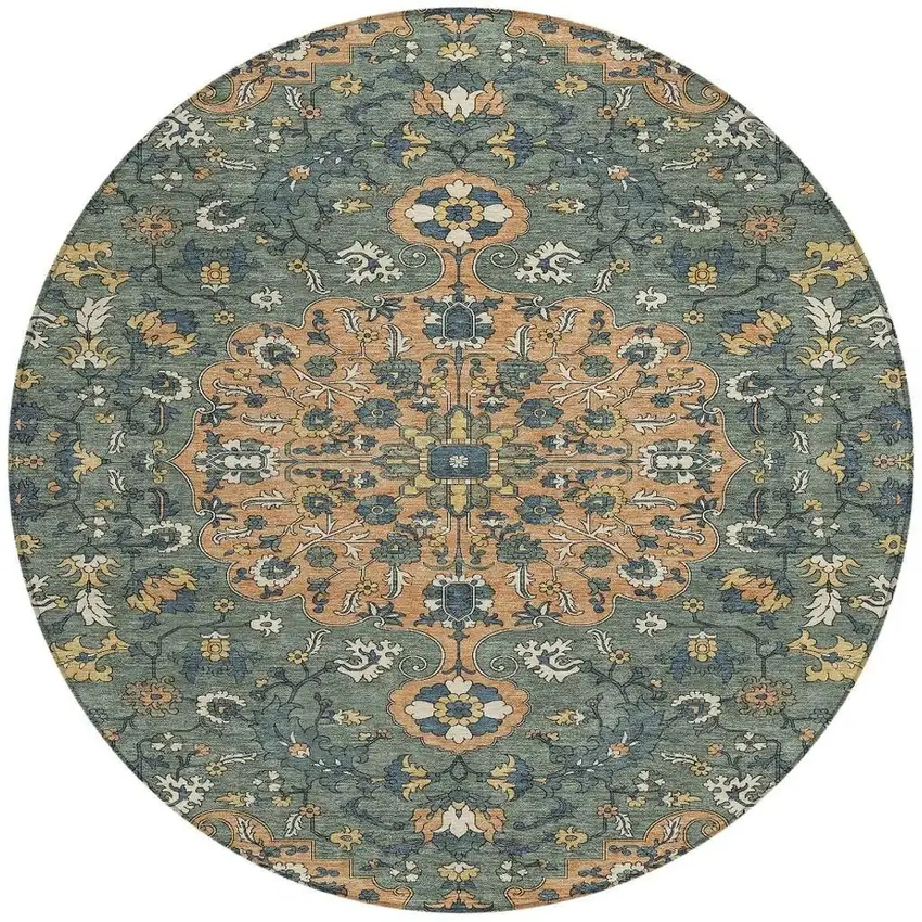 8' Copper And Sage Round Floral Medallion Washable Indoor Outdoor Area Rug Photo 2
