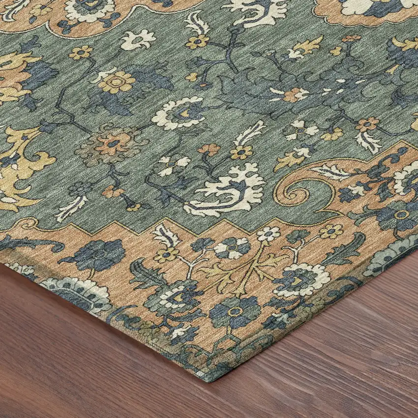 8' Copper And Sage Round Floral Medallion Washable Indoor Outdoor Area Rug Photo 6