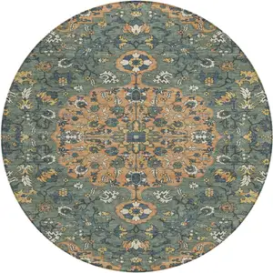 Photo of 8' Copper And Sage Round Floral Medallion Washable Indoor Outdoor Area Rug