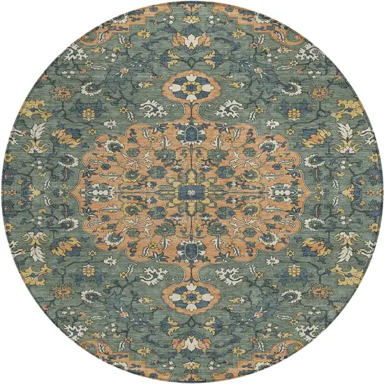 8' Copper And Sage Round Floral Medallion Washable Indoor Outdoor Area Rug Photo 1