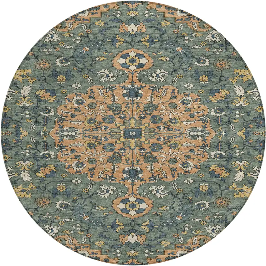 8' Copper And Sage Round Floral Medallion Washable Indoor Outdoor Area Rug Photo 1