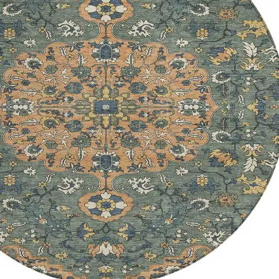 8' Copper And Sage Round Floral Medallion Washable Indoor Outdoor Area Rug Photo 3
