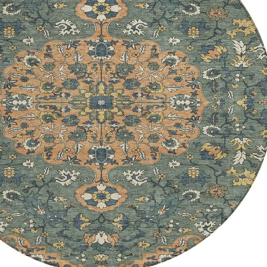8' Copper And Sage Round Floral Medallion Washable Indoor Outdoor Area Rug Photo 3