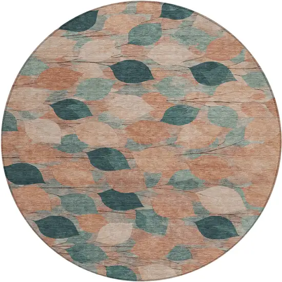 8' Copper And Salmon Round Floral Washable Indoor Outdoor Area Rug Photo 1
