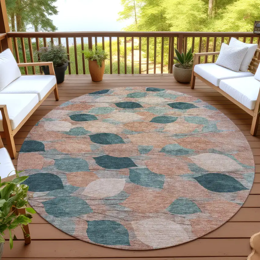 8' Copper And Salmon Round Floral Washable Indoor Outdoor Area Rug Photo 4