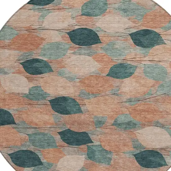 8' Copper And Salmon Round Floral Washable Indoor Outdoor Area Rug Photo 2