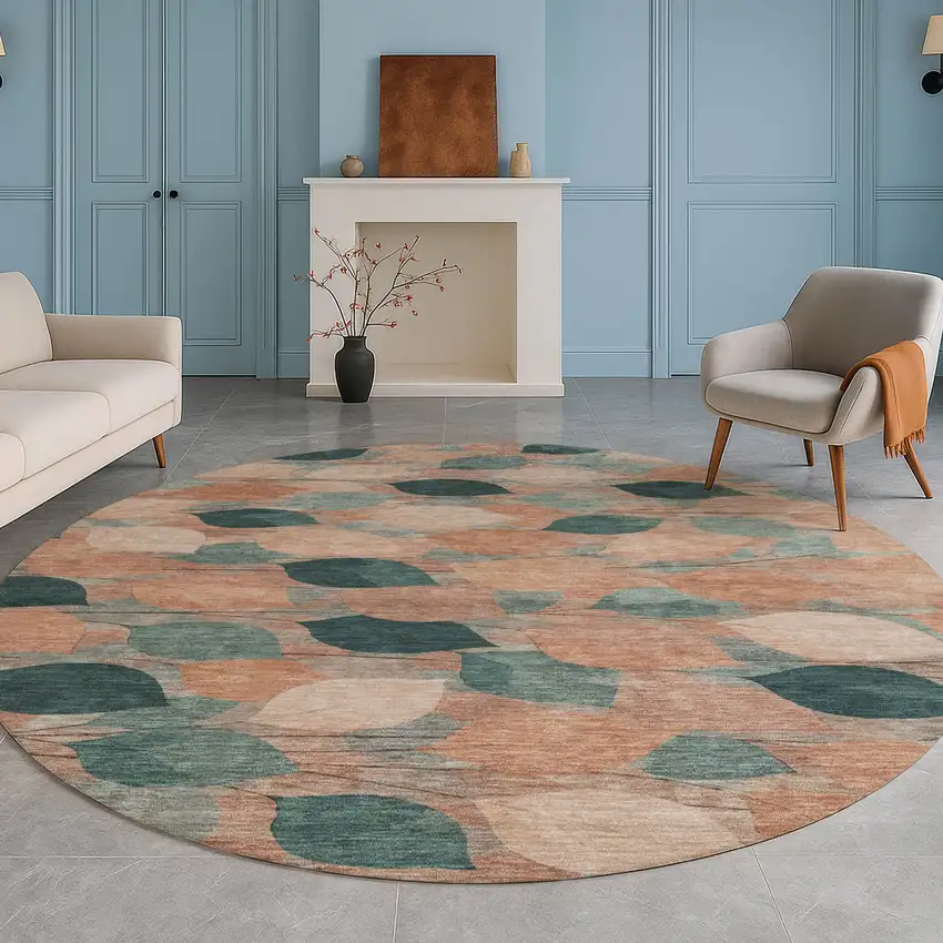 8' Copper And Salmon Round Floral Washable Indoor Outdoor Area Rug Photo 5
