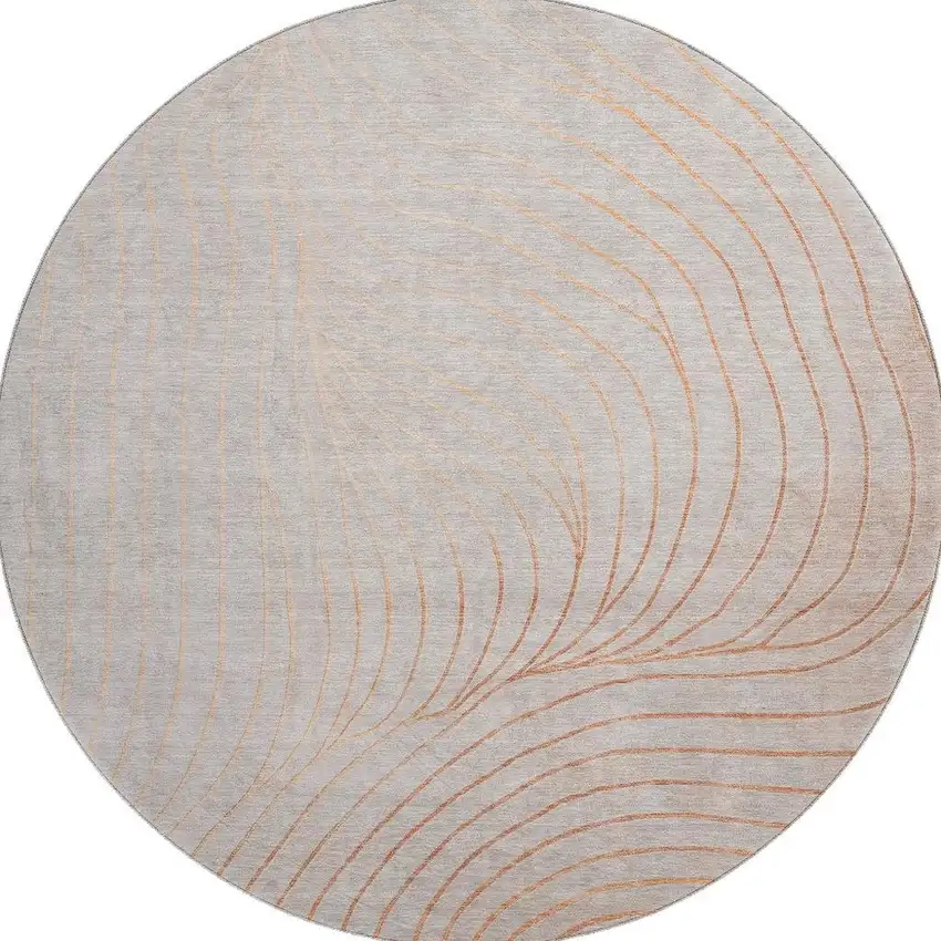 8' Copper And Silver Abstract Washable Round Rug With UV Protection Photo 4