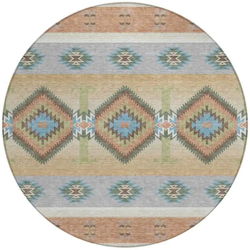8' Copper And Silver Round Southwestern Washable Indoor Outdoor Area Rug Photo 3